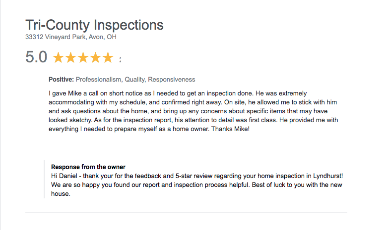 Cleveland Home inspector gets 5 star review from Lyndhurst