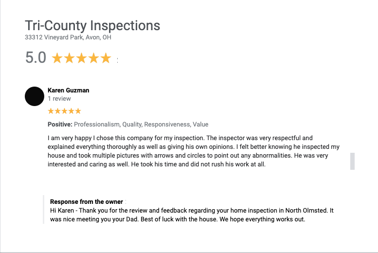 North Olmsted Home Inspector get five star review
